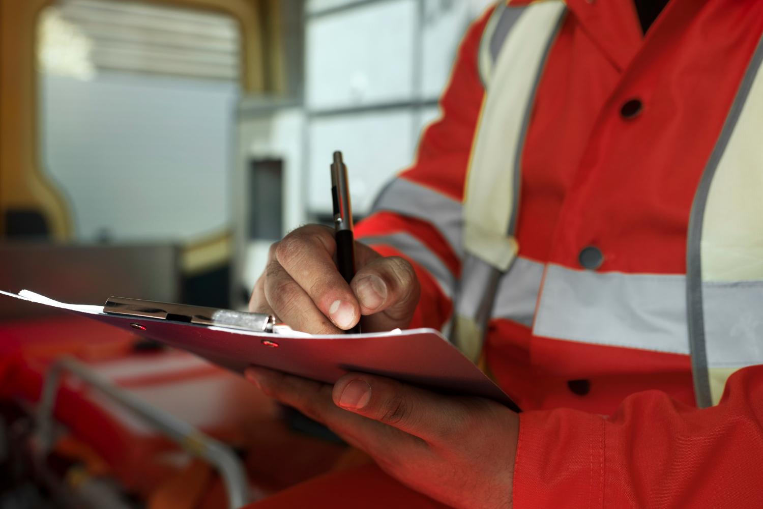 Inspector recording access equipment defects on a clipboard